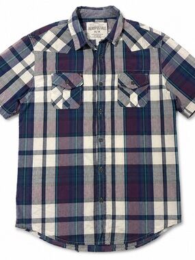 Aeropostale Men's Plaid Button-Down Shirt in Purple, Blue and White